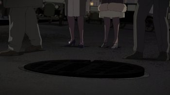 Movie still from “Batman: The Doom That Came to Gotham” (2023), directed by Sam Liu – A couple of women standing next to each other on the ground; Wide shot, High angle