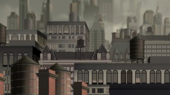 Movie still from “Batman: The Doom That Came to Gotham” (2023), directed by Sam Liu – An illustration of a large city with many different buildings; Extreme Wide shot, Low angle