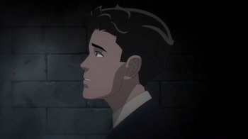 Movie still from “Batman: The Doom That Came to Gotham” (2023), directed by Sam Liu – A man is looking to his left in the dark; Close Up shot, Over the shoulder angle