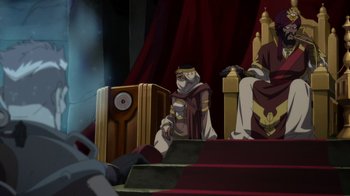 Movie still from “Batman: The Doom That Came to Gotham” (2023), directed by Sam Liu – A group of people sitting on top of a red staircase; Wide shot, Over the shoulder angle