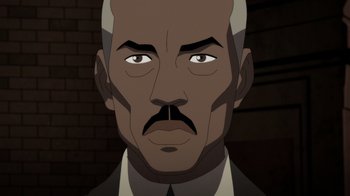 Movie still from “Batman: The Doom That Came to Gotham” (2023), directed by Sam Liu – An animated man with a mustache and a mustache comb; Close Up shot, High angle