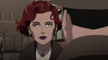 Movie still from “Batman: The Doom That Came to Gotham” (2023), directed by Sam Liu – A woman with red hair and green eyes; Close Up shot, Over the shoulder angle