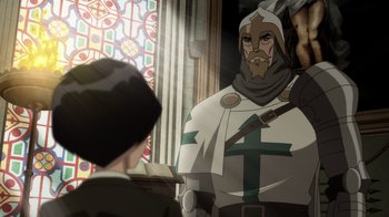 Movie still from “Batman: The Doom That Came to Gotham” (2023), directed by Sam Liu – An image of an animated character looking at a woman; Medium shot, Over the shoulder angle
