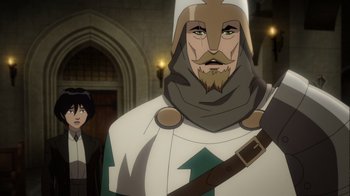 Movie still from “Batman: The Doom That Came to Gotham” (2023), directed by Sam Liu – An animated man with a beard is standing next to a woman; Medium shot, Over the shoulder angle