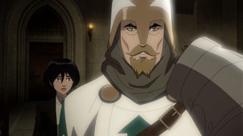 Movie still from “Batman: The Doom That Came to Gotham” (2023), directed by Sam Liu – An animated character is standing next to a person; Medium shot, Over the shoulder angle