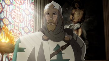 Movie still from “Batman: The Doom That Came to Gotham” (2023), directed by Sam Liu – An image of a man in a costume in front of stained glass window; Medium shot, Low angle