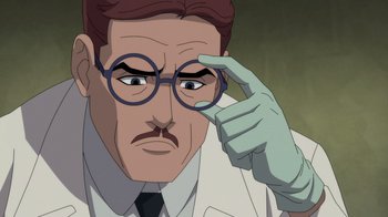 Movie still from “Batman: The Doom That Came to Gotham” (2023), directed by Sam Liu – An animated man in a white lab coat with a hand up to his forehead; Close Up shot, High angle