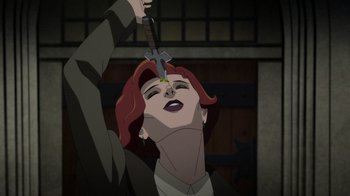Movie still from “Batman: The Doom That Came to Gotham” (2023), directed by Sam Liu – A woman with red hair holding a sword up to her head; Close Up shot, High angle
