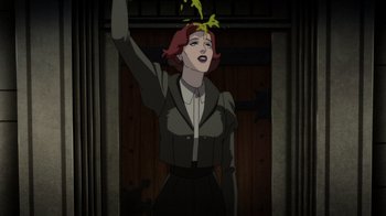 Movie still from “Batman: The Doom That Came to Gotham” (2023), directed by Sam Liu – A woman with red hair is standing in front of a door; Medium shot, Low angle
