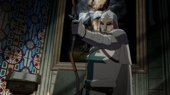 Movie still from “Batman: The Doom That Came to Gotham” (2023), directed by Sam Liu – An animated woman is holding a bow and arrow in her hands; Medium shot, Over the shoulder angle