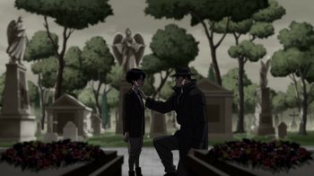 Movie still from “Batman: The Doom That Came to Gotham” (2023), directed by Sam Liu – An artist's rendering of a man and a woman in a cemetery; Wide shot, Over the shoulder angle