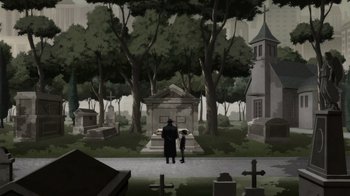 Movie still from “Batman: The Doom That Came to Gotham” (2023), directed by Sam Liu – A man and a child standing in front of a grave yard; Extreme Wide shot, High angle