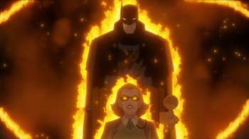 Movie still from “Batman: The Doom That Came to Gotham” (2023), directed by Sam Liu – A woman and a man standing next to each other in front of fire; Medium shot, Over the shoulder angle