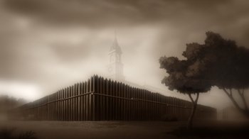 Movie still from “Batman: The Doom That Came to Gotham” (2023), directed by Sam Liu – A fence with a clock tower in the background; Extreme Wide shot, Low angle