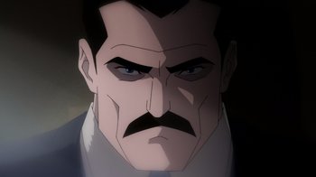 Movie still from “Batman: The Doom That Came to Gotham” (2023), directed by Sam Liu – An animated picture of a man with a mustache; Close Up shot, Low angle