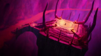 Movie still from “Batman: The Doom That Came to Gotham” (2023), directed by Sam Liu – An aerial view of a stage with lights on it; Extreme Wide shot, High angle