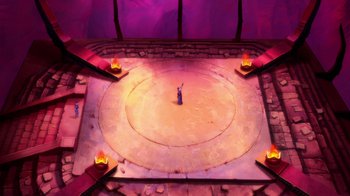 Movie still from “Batman: The Doom That Came to Gotham” (2023), directed by Sam Liu – An image of a person standing in the middle of a circle; Extreme Wide shot, High angle