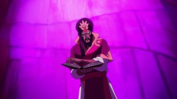 Movie still from “Batman: The Doom That Came to Gotham” (2023), directed by Sam Liu – An animated man holding an open book in front of a purple background; Medium shot, Low angle