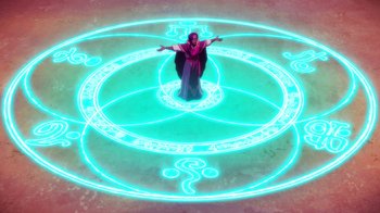 Movie still from “Batman: The Doom That Came to Gotham” (2023), directed by Sam Liu – A person standing in a circle of light; Extreme Wide shot, Overhead angle