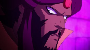 Movie still from “Batman: The Doom That Came to Gotham” (2023), directed by Sam Liu – A man's face in a cartoon style; Extreme Close Up shot, Low angle