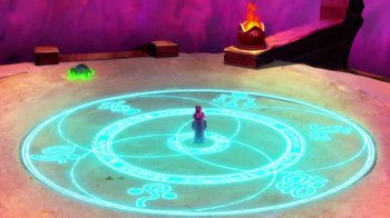 Movie still from “Batman: The Doom That Came to Gotham” (2023), directed by Sam Liu – A glowing circle of light in the middle of a room; Extreme Wide shot, High angle