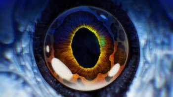 Movie still from “Batman: The Doom That Came to Gotham” (2023), directed by Sam Liu – An image of an animal eye with the pupil of a bird; Extreme Close Up shot, Overhead angle