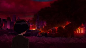 Movie still from “Batman: The Doom That Came to Gotham” (2023), directed by Sam Liu – A man looking out over a city on fire; Extreme Wide shot, High angle