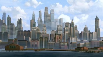 Movie still from “Batman: The Doom That Came to Gotham” (2023), directed by Sam Liu – An artistic painting of a city skyline with a body of water in the foreground; Extreme Wide shot, Low angle