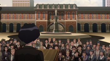 Movie still from “Batman: The Doom That Came to Gotham” (2023), directed by Sam Liu – A crowd of people standing in front of a building; Extreme Wide shot, High angle