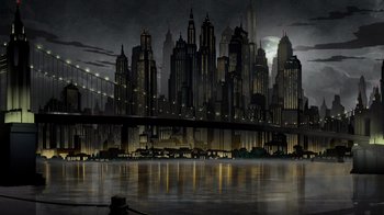 Movie still from “Batman: The Long Halloween” (2021), directed by Chris Palmer – A painting of a city skyline at night with a bridge in the middle of it; Extreme Wide shot, High angle
