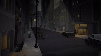 Movie still from “Batman: The Long Halloween” (2021), directed by Chris Palmer – An illustration of a city street at night with cars parked on the side of the street; Extreme Wide shot, High angle