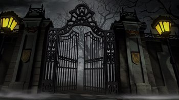 Movie still from “Batman: The Long Halloween” (2021), directed by Chris Palmer – An open gate leading into a dark forest; Extreme Wide shot, High angle
