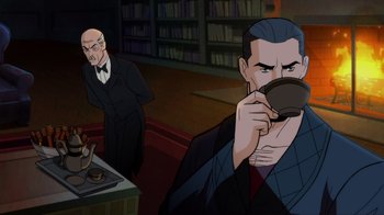 Movie still from “Batman: The Long Halloween” (2021), directed by Chris Palmer – A man in a suit and tie drinking a cup of coffee; Medium shot, Over the shoulder angle