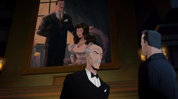 Movie still from “Batman: The Long Halloween” (2021), directed by Chris Palmer – An animated picture of a man and a woman in front of a painting; Medium shot, Over the shoulder angle