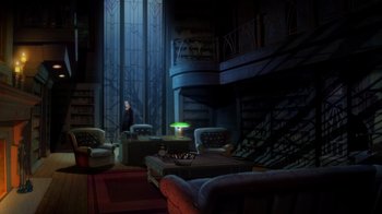 Movie still from “Batman: The Long Halloween” (2021), directed by Chris Palmer – A man standing in a living room next to a green light; Extreme Wide shot, High angle