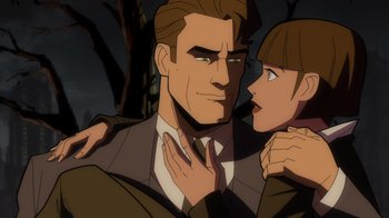 Movie still from “Batman: The Long Halloween” (2021), directed by Chris Palmer – A man and a woman are looking into each others eyes; Close Up shot, Over the shoulder angle