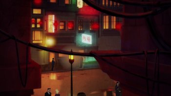 Movie still from “Batman: The Long Halloween” (2021), directed by Chris Palmer – An illustration of people walking on a street at night; Extreme Wide shot, High angle