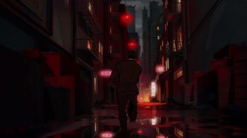 Movie still from “Batman: The Long Halloween” (2021), directed by Chris Palmer – A man walking down a street in the dark; Extreme Wide shot, High angle