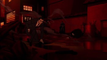 Movie still from “Batman: The Long Halloween” (2021), directed by Chris Palmer – An animated scene of a man in a suit and tie; Wide shot, High angle