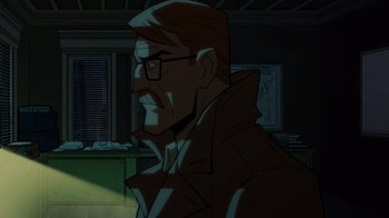 Movie still from “Batman: The Long Halloween” (2021), directed by Chris Palmer – An animated picture of a man with glasses and a beard; Close Up shot, Over the shoulder angle