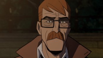 Movie still from “Batman: The Long Halloween” (2021), directed by Chris Palmer – An animated picture of a man with a mustache; Close Up shot, Over the shoulder angle