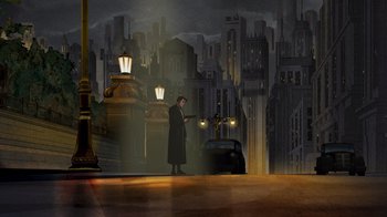 Movie still from “Batman: The Long Halloween” (2021), directed by Chris Palmer – A man standing in front of a car on a street; Extreme Wide shot, High angle