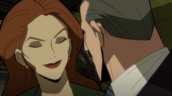 Movie still from “Batman: The Long Halloween” (2021), directed by Chris Palmer – A man and a woman face to face in a cartoon; Close Up shot, Over the shoulder angle