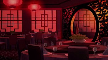 Movie still from “Batman: The Long Halloween” (2021), directed by Chris Palmer – An artistic rendering of a dining room in a chinese restaurant; Extreme Wide shot, High angle