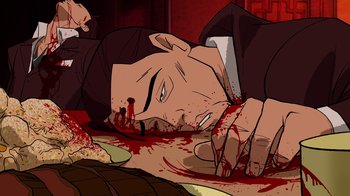 Movie still from “Batman: The Long Halloween” (2021), directed by Chris Palmer – An animated man with blood on his face and head; Close Up shot, Overhead angle