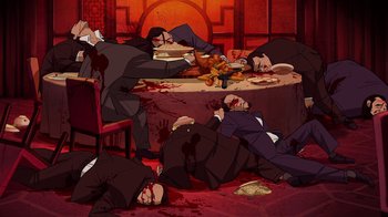 Movie still from “Batman: The Long Halloween” (2021), directed by Chris Palmer – A group of men in suits laying on the ground; Wide shot, Overhead angle