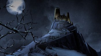Movie still from “Batman: The Long Halloween” (2021), directed by Chris Palmer – An illustration of a castle on top of a hill; Extreme Wide shot, Low angle