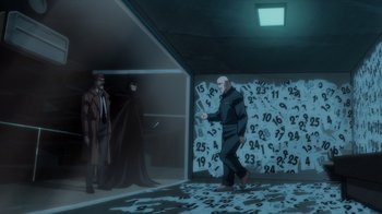 Movie still from “Batman: The Long Halloween” (2021), directed by Chris Palmer – A man is walking in front of a bunch of numbers; Wide shot, High angle