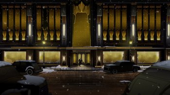 Movie still from “Batman: The Long Halloween” (2021), directed by Chris Palmer – An image of a building in the middle of a snowy day; Extreme Wide shot, High angle