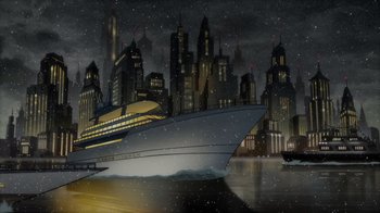 Movie still from “Batman: The Long Halloween” (2021), directed by Chris Palmer – A large cruise ship in the middle of a city; Extreme Wide shot, Low angle